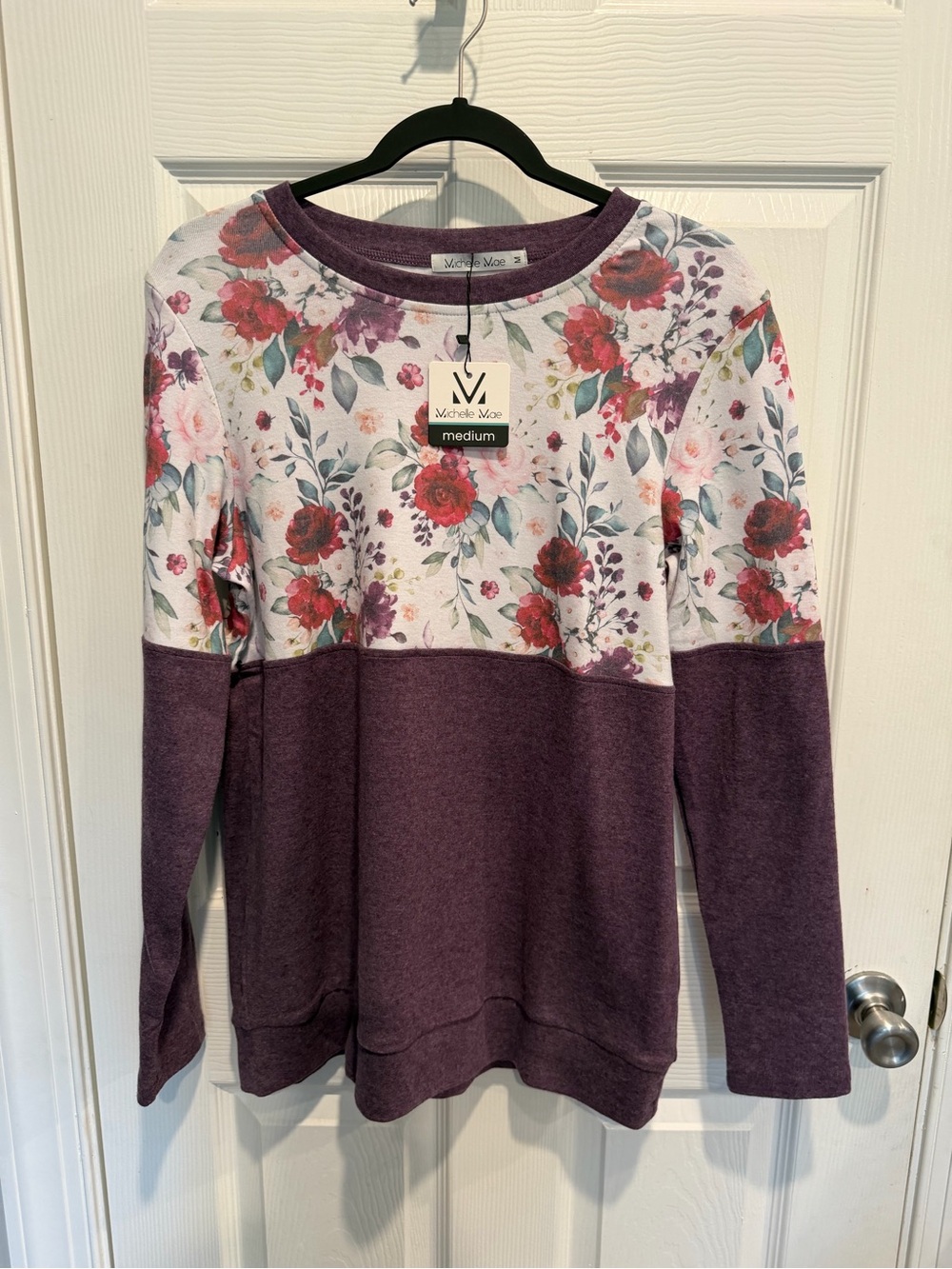 Michelle Mae Natalie -Floral Top with Plum Contrast Long Sleeve